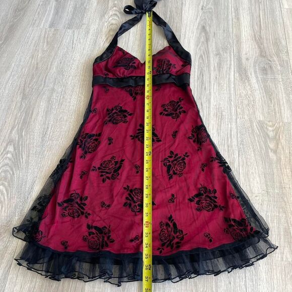 Y2K Red & Black Glitter Rose Sheer Applique Halter Dress Mall Goth Emo Vampire - Picture 4 of 8